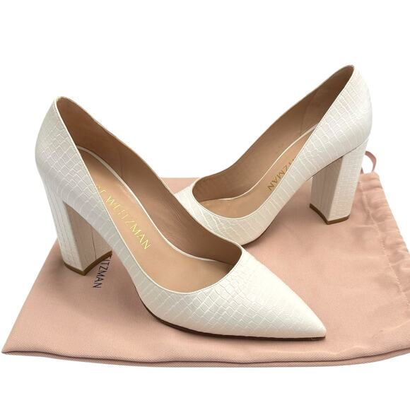 Stuart Weitzman Laney 95 Embossed White Leather Pointed Toe Block Heel Pumps - Picture 1 of 13